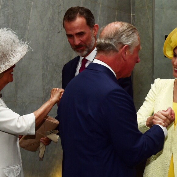 Le roi Felipe VI et la reine Letizia d'Espagne reçus par le prince Charles et Camilla Parker Bowles, duchesse de Cornouailles, à Londres. Le 12 juillet 2017  The Prince of Wales and the Duchess of Cornwall greet King Felipe VI and Letizia of Spain at his hotel in central London at the start of the King's State Visit to the UK.12/07/2017 - Londres