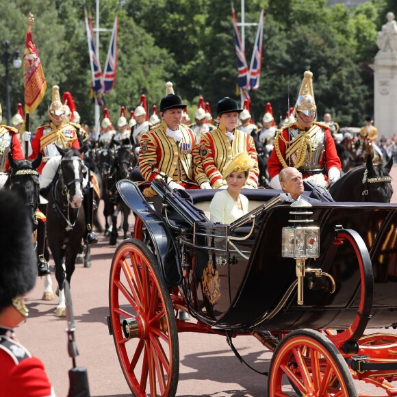 La reine Letizia d'Espagne et le prince Philip, duc d'Edimbourg - Le couple royal d'Espagne reçu au palais de Buckingham par la famille royale d'Angleterre à Londres. Le 12 juillet 2017  The Duke of Edinburgh and Queen Letizia of Spain arrive in the State Carriage at Buckingham Palace, London during King Felipe VI's State Visit to the UK.12/07/2017 - Londres