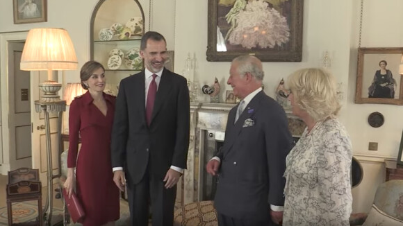 Le prince Charles et la duchesse Camilla accueillent le roi Felipe VI et la reine Letizia d'Espagne à Clarence House le 12 juillet 2017 pour le thé.