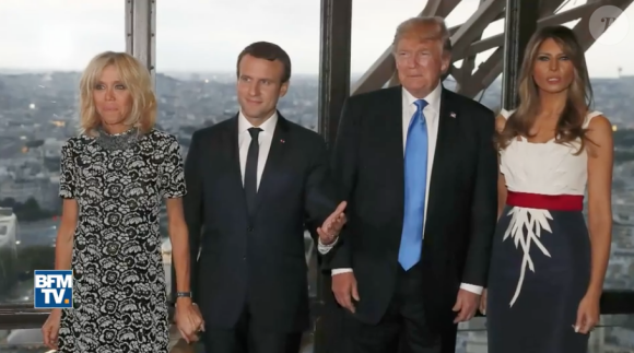 Capture d'écran du reportage de BFM TV sur le dîner d'Emmanuel et Brigitte Macron avec Donald et Melania Trump au Jules Verne à la Tour Eiffel - Paris le 13 juillet 2017
