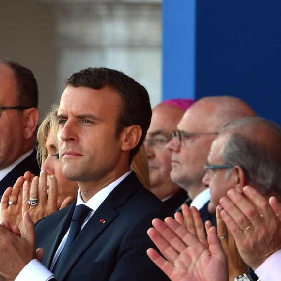 François Hollande, Nicolas Sarkozy, le prince Albert II de Monaco, le président de la République Emmanuel Macron, Gérard Larcher lors de la cérémonie d'hommage aux victimes de l'attentat du 14 juillet 2016 à Nice, le 14 juillet 2017. © Bruno Bébert/Bestimage