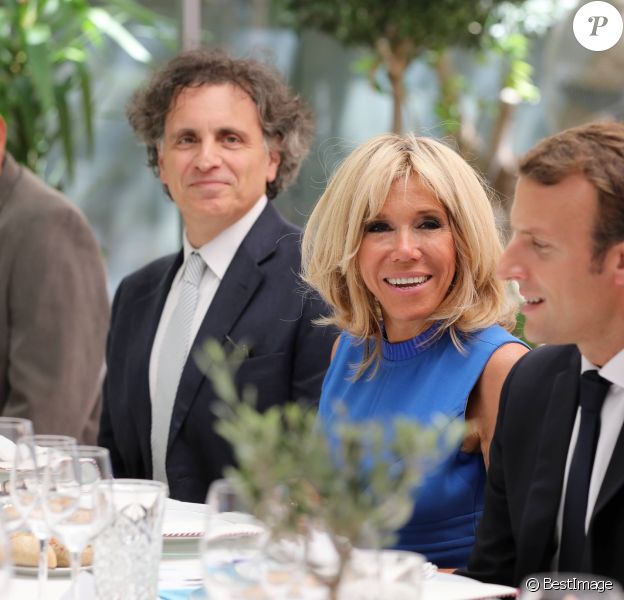 Christos Carras, Brigitte Macron et son mari Emmanuel Macron - Allocution du président de la République française lors d'une réception offerte par la France en l'honneur de la communauté française. Le 8 septembre 2017 © Dominique Jacovides / Bestimage