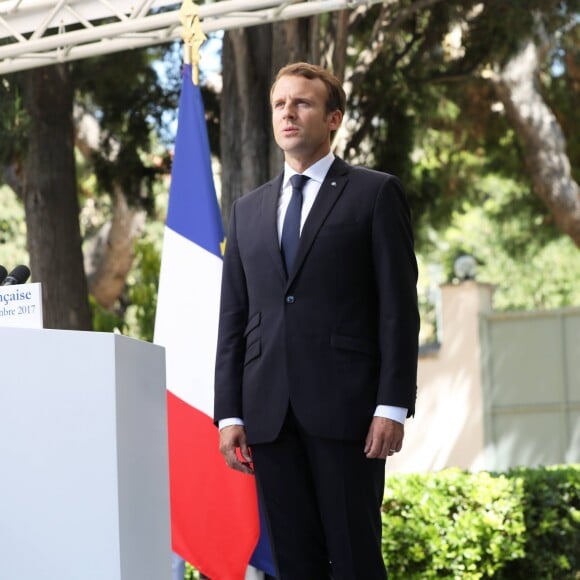 Emmanuel Macron et sa femme Brigitte Macron (Trogneux) - Allocution du président de la République française lors d'une réception offerte par la France en l'honneur de la communauté française. Le 8 septembre 2017 © Dominique Jacovides / Bestimage