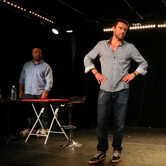 Exclusif - Patrick Veisselier, Capucine Anav, Renaud Roussel et le metteur en scène Eric Delcourt - Capucine Anav fait ses premiers pas au théâtre de la pièce "La Fève du samedi soir" qui se jouera à partir du 21 septembre 2017 au Apollo Theatre à Paris. © Sebastien Valiela / Bestimage