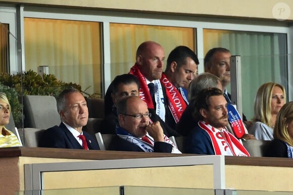 Vadim Vasilyev, le prince Albert II de Monaco et son neveu Pierre Casiraghi lors du match de Ligue des Champions entre l'AS Monaco et FC Porto au Stade Louis II à Monaco, le 26 septembre 2017. © Bruno Bebert/Bestimage