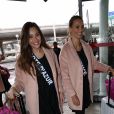 Semi-Exclusif - Charlotte Pirroni (Miss Côte d'Azur 2014) et Anne-Laure Fourmont (Miss Provence 2014) - Les candidates à l'élection de Miss France 2015 au départ de l'aéroport de Paris-Charles-de-Gaulle à destination de Punta Cana à Roissy-en-France, le 14 novembre 2014.