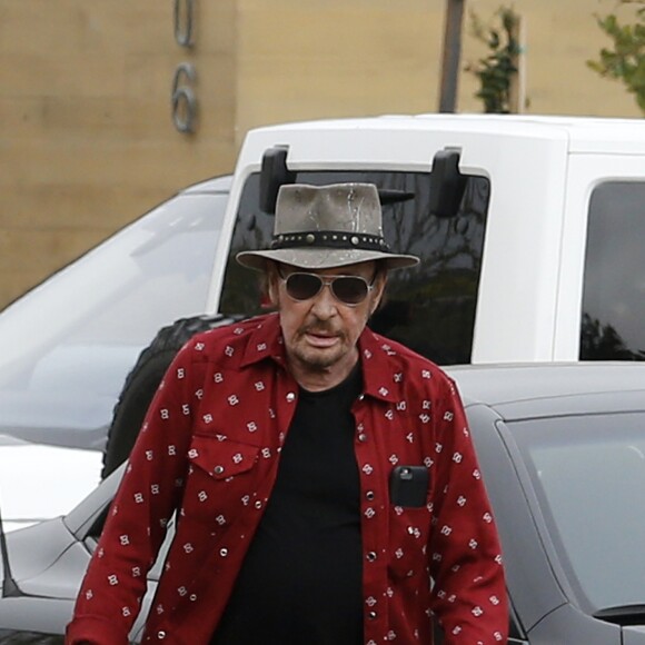 Johnny Hallyday arrive avec sa chienne Cheyenne pour aller déjeuner avec ses amis, P. Rambaldi et le musicien J.C. Sindres au restaurant Nobu dans le quartier de Malibu à Los Angeles, le 2 avril 2017.