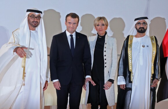 Mohammed bin Zayed Al-Nahyan, Emmanuel Macron, Brigitte Macron et Sheikh Mohammed bin Rashid al-Maktoum - Visite du Louvre Abu Dhabi, le 8 novembre 2017. Photo : Ludovic MARIN/Pool/ABACAPRESS