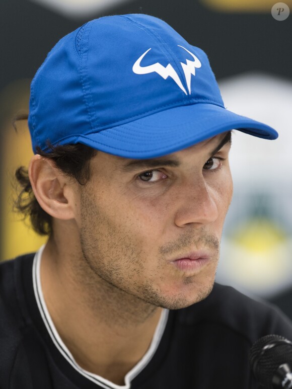 Conférence de presse de Rafael Nadal qui abandonne suite à un problème au genou en quart de finale du tournoi de tennis "Rolex Paris Masters" à Paris le 3 novembre 2017. © Veeren-Perusseau/Bestimage