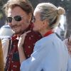 Johnny Hallyday avec sa femme Laeticia, leurs filles Jade et Joy, Marie Poniatowski avec son mari Pierre Rambaldi et leur fille Tess, à Santa Monica, le 1er avril 2017.