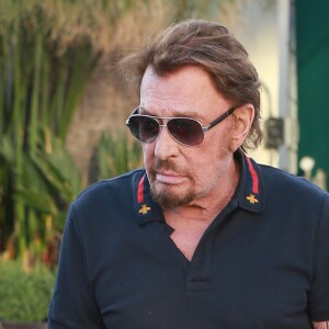 Johnny Hallyday avec sa femme Laeticia, leurs enfants Jade et Joy, Eliette (la grand-mère de Laeticia), Françoise Thibaud (la mère de Laeticia) avec son compagnon Pierre et leurs amis, vont déjeuner au restaurant "Cecconi's" à West Hollywood, pour célébrer leur anniversaire de mariage. Los Angeles, le 25 mars 2017.