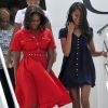 La première dame des Etats-Unis Michelle Obama, ses filles Malia et Sasha (Natasha) et sa mère Marian Robinson à leur accueil par Luigi Brugnaro et Luca Zaia lors de leur arrivée en avion à l'aéroport de Venise, le 19 juin 2015.