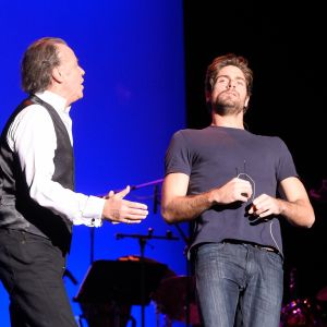 Michel Leeb avec son fils Tom Leeb sur la scène du Casino de Paris lors de la générale de son spectacle "Michel Leeb - 40 ans !" à Paris le 14 décembre 2017. © Coadic Guirec/Bestimage