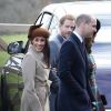 Exclusif - Meghan Markle et le prince Harry avec le prince William et la duchesse Catherine de Cambridge, enceinte, à la sortie de la messe de Noël en l'église Sainte-Marie-Madeleine à Sandringham, le 25 décembre 2017.
