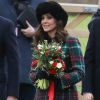 Exclusif - Kate Middleton, enceinte, dans un manteau Miu Miu lors de la messe de Noël à laquelle a assisté la famille royale à Sandringham le 25 décembre 2017