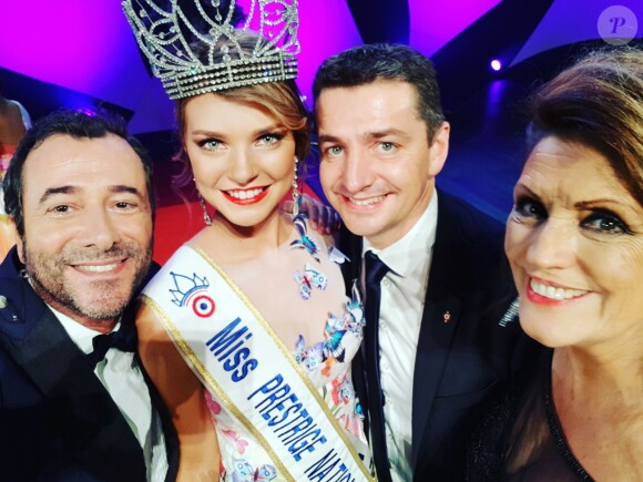 Bernard Montiel, Gaël Perdrieau (maire de Saint-Etienne), Christiane Lillio (présidente du comité) et Charlotte Depaepe Miss Flandre - Miss Prestige National, 13 janvier 2018, Saint-Etienne