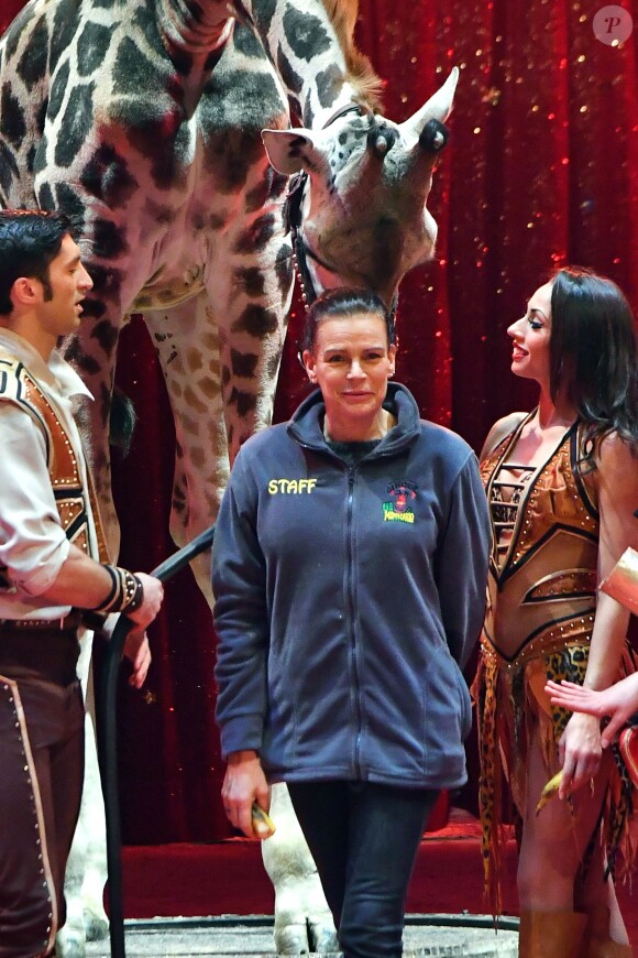 La princesse Stéphanie de Monaco, la girafe de Joseph Richter, la troupe Bingo, le duo Ballance, et M. Loyal alias Petit Gougou lors du photocall de présentation du 42ème Festival International du Cirque de Monte-Carlo sous le chapiteau de Fontvieille le 16 janvier 2018. © Bruno Bebert / Bestimage