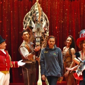 La princesse Stéphanie de Monaco, la girafe de Joseph Richter, la troupe Bingo, le duo Ballance, et M. Loyal alias Petit Gougou lors du photocall de présentation du 42ème Festival International du Cirque de Monte-Carlo sous le chapiteau de Fontvieille le 16 janvier 2018. © Bruno Bebert / Bestimage