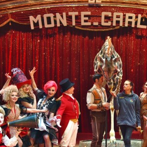 La princesse Stéphanie de Monaco, la girafe de Joseph Richter, la troupe Bingo, le duo Ballance, et M. Loyal alias Petit Gougou lors du photocall de présentation du 42ème Festival International du Cirque de Monte-Carlo sous le chapiteau de Fontvieille le 16 janvier 2018. © Bruno Bebert / Bestimage