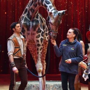 La princesse Stéphanie de Monaco, la girafe de Joseph Richter, la troupe Bingo, le duo Ballance, et M. Loyal alias Petit Gougou lors du photocall de présentation du 42ème Festival International du Cirque de Monte-Carlo sous le chapiteau de Fontvieille le 16 janvier 2018. © Bruno Bebert / Bestimage