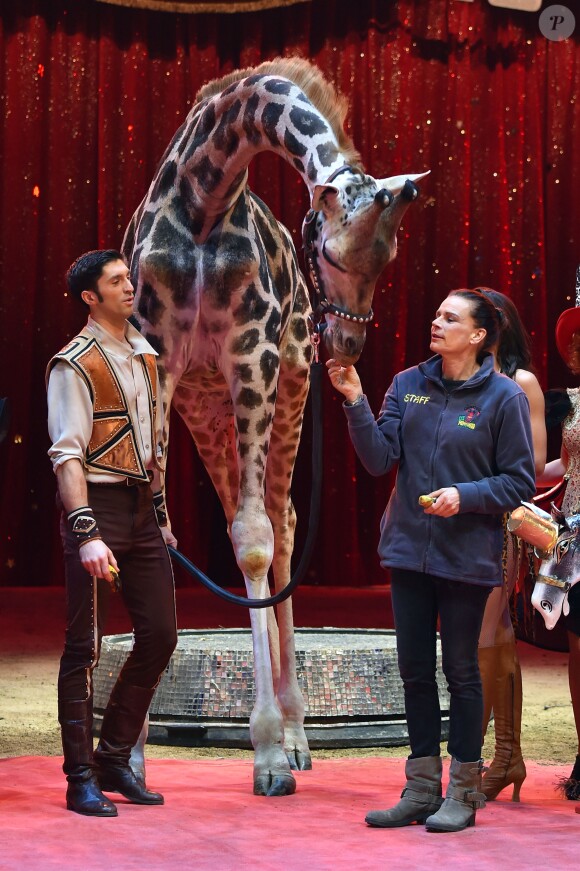 La princesse Stéphanie de Monaco, la girafe de Joseph Richter, la troupe Bingo, le duo Ballance, et M. Loyal alias Petit Gougou lors du photocall de présentation du 42ème Festival International du Cirque de Monte-Carlo sous le chapiteau de Fontvieille le 16 janvier 2018. © Bruno Bebert / Bestimage