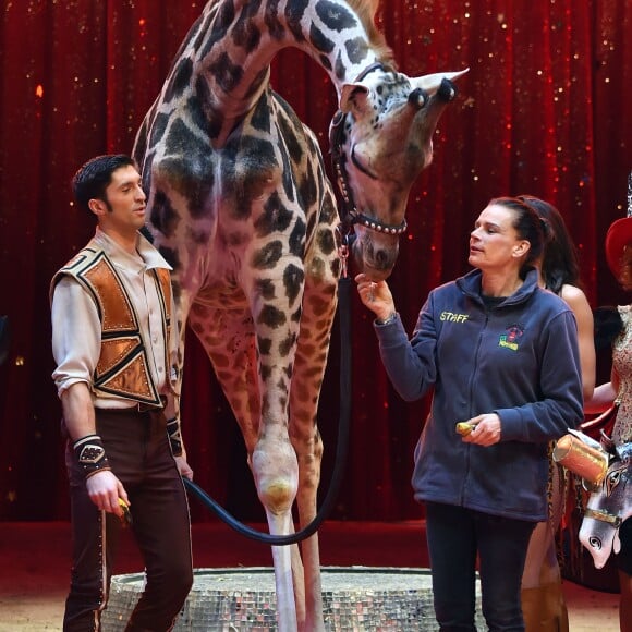 La princesse Stéphanie de Monaco, la girafe de Joseph Richter, la troupe Bingo, le duo Ballance, et M. Loyal alias Petit Gougou lors du photocall de présentation du 42ème Festival International du Cirque de Monte-Carlo sous le chapiteau de Fontvieille le 16 janvier 2018. © Bruno Bebert / Bestimage