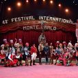 La princesse Stéphanie de Monaco, la girafe de Joseph Richter, la troupe Bingo, le duo Ballance, et M. Loyal alias Petit Gougou lors du photocall de présentation du 42ème Festival International du Cirque de Monte-Carlo sous le chapiteau de Fontvieille le 16 janvier 2018. © Bruno Bebert / Bestimage