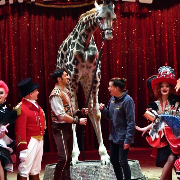 La princesse Stéphanie de Monaco, la girafe de Joseph Richter, la troupe Bingo, le duo Ballance, et M. Loyal alias Petit Gougou lors du photocall de présentation du 42ème Festival International du Cirque de Monte-Carlo sous le chapiteau de Fontvieille le 16 janvier 2018. © Bruno Bebert / Bestimage