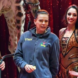 La princesse Stéphanie de Monaco, la girafe de Joseph Richter, la troupe Bingo, le duo Ballance, et M. Loyal alias Petit Gougou lors du photocall de présentation du 42ème Festival International du Cirque de Monte-Carlo sous le chapiteau de Fontvieille le 16 janvier 2018. © Bruno Bebert / Bestimage