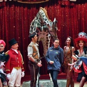 La princesse Stéphanie de Monaco, la girafe de Joseph Richter, la troupe Bingo, le duo Ballance, et M. Loyal alias Petit Gougou lors du photocall de présentation du 42ème Festival International du Cirque de Monte-Carlo sous le chapiteau de Fontvieille le 16 janvier 2018. © Bruno Bebert / Bestimage