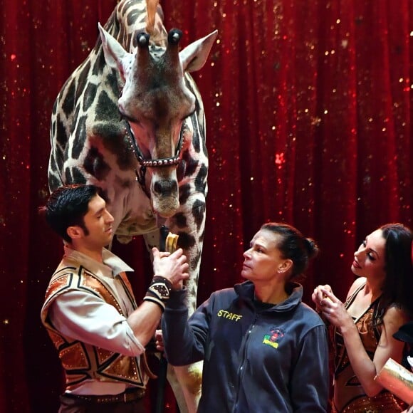 La princesse Stéphanie de Monaco avec Joseph Richter, son épouse Merrylu et leur girafe lors du photocall de présentation du 42ème Festival International du Cirque de Monte-Carlo sous le chapiteau de Fontvieille le 16 janvier 2018. © Bruno Bebert / Bestimage