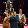 La princesse Stéphanie de Monaco avec le couple de dresseurs Joseph Richter et sa femme Merrylu et leur girafe lors du photocall de présentation du 42ème Festival International du Cirque de Monte-Carlo sous le chapiteau de Fontvieille le 16 janvier 2018. © Bruno Bebert / Bestimage