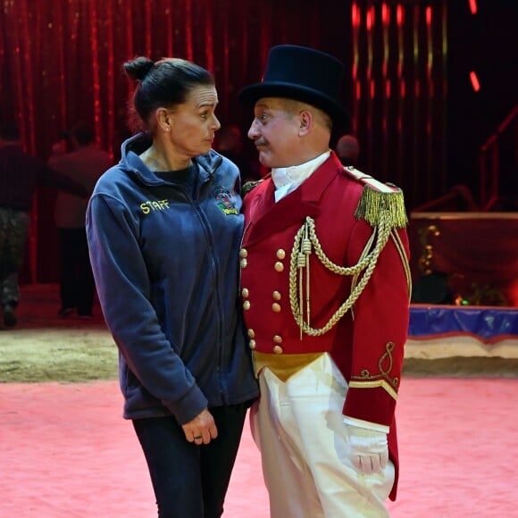 La princesse Stéphanie de Monaco avec M. Loyal alias Petit Gougou lors du photocall de présentation du 42ème Festival International du Cirque de Monte-Carlo sous le chapiteau de Fontvieille le 16 janvier 2018. © Bruno Bebert / Bestimage