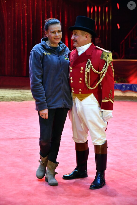 La princesse Stéphanie de Monaco avec M. Loyal alias Petit Gougou lors du photocall de présentation du 42ème Festival International du Cirque de Monte-Carlo sous le chapiteau de Fontvieille le 16 janvier 2018. © Bruno Bebert / Bestimage
