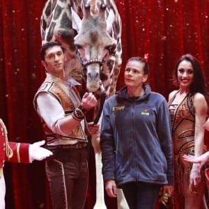 La princesse Stéphanie de Monaco et les artistes lors du photocall de présentation du 42ème Festival International du Cirque de Monte-Carlo sous le chapiteau de Fontvieille le 16 janvier 2018. © Claudia Albuquerque / Bestimage