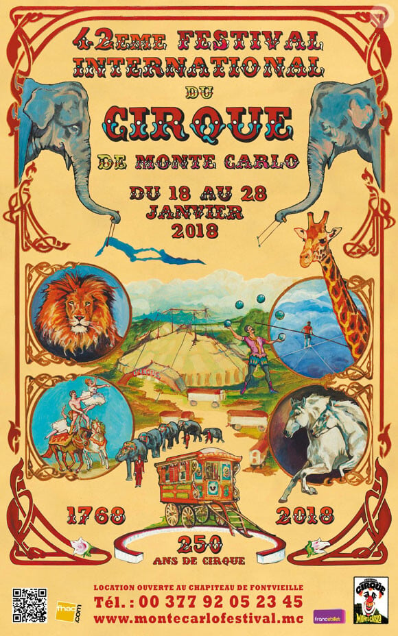 Affiche du 42e Festival International du Cirque de Monte-Carlo, du 18 au 28 janvier 2018 sous le chapiteau de Fontvieille, sous la présidence de la princesse Stéphanie de Monaco.