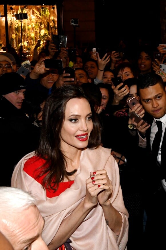 Angelina Jolie doit traverser une foule de fans pour sortir de la maison Guerlain à Paris le 30 janvier 2018.