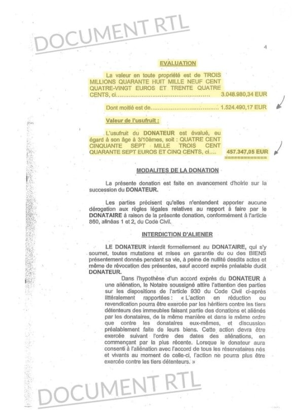 Document notarié en date du 20 mars 2002 s'agissant de la donation à David Hallyday par Johnny Hallyday de 50% de la villa Montmorency dans le XVIe arrondissement de Paris, produit en février 2018 par RTL.