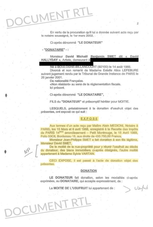 Document notarié en date du 20 mars 2002 s'agissant de la donation à David Hallyday par Johnny Hallyday de 50% de la villa Montmorency dans le XVIe arrondissement de Paris, produit en février 2018 par RTL.