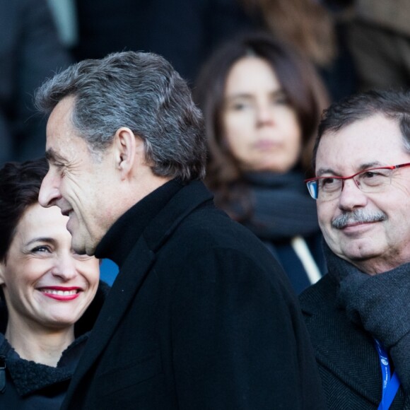 Nicolas Sarkozy et Marc Keller dans les tribunes du match PSG - Strasbourg (5-2) au Parc des Princes à Paris le 17 février 2018.