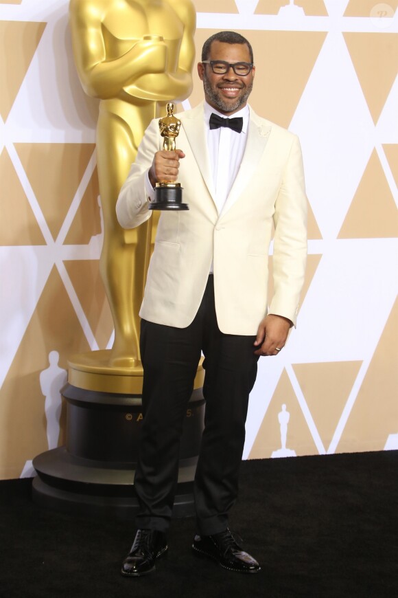 Jordan Peele (Oscar du meilleur scénario original pour 'Get Out') à la press room de la 90ème cérémonie des Oscars 2018 au théâtre Dolby à Los Angeles, le 4 mars 2018