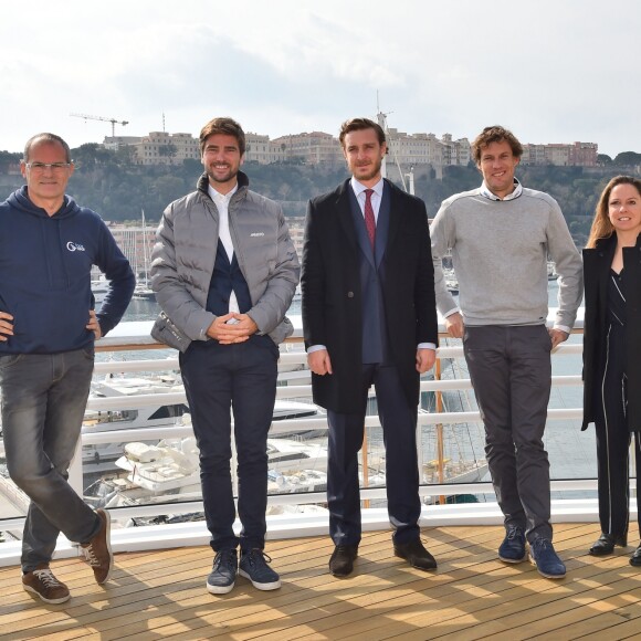 Jean Guillem Destremeau, Boris Herrmann, Pierre Casiraghi, le vice président du Yacht Club de Monaco, Paul Meilhat et Alexia Barrier - Présentation des Monaco Globes Series au Yacht Club de Monaco le 27 février 2018. © Bruno Bebert/Pool restreint Monaco/Bestimage