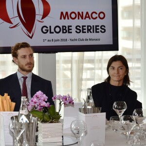 Bernard d'Alessandri, le directeur général du Yacht Club, Pierre Casiraghi, vice-président du Yacht Club de Monaco, et Armelle Roudot Lafon, directrice de la Direction des Affaires Maritimes de Monaco - Présentation des Monaco Globes Series au Yacht Club de Monaco le 27 février 2018. © Bruno Bebert/Pool restreint Monaco/Bestimage