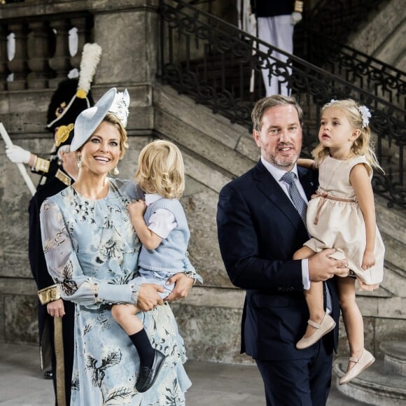 La princesse Madeleine de Suède et son mari Christopher O'Neill en compagnie de leurs enfants, la princesse Leonore et le prince Nicolas, lors de la messe à l'occasion du 40ème anniversaire de la princesse Victoria de Suède au palais Royal de Stockholm en Suède, le 14 juillet 2017.