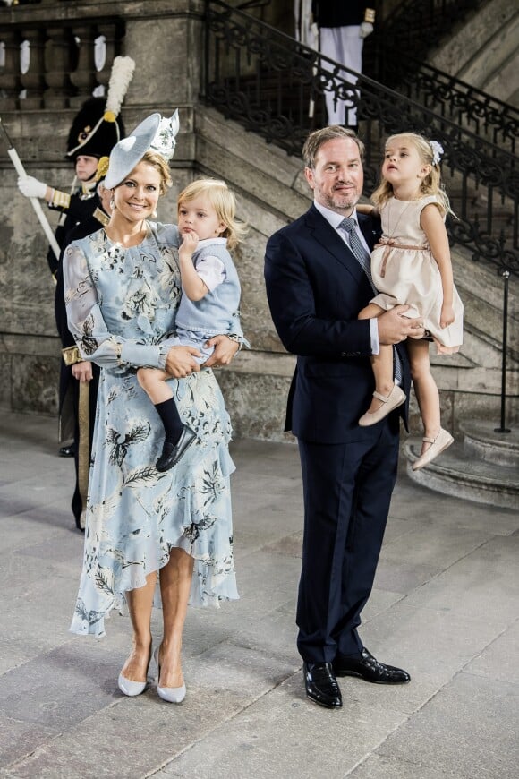 La princesse Madeleine de Suède et son mari Christopher O'Neill en compagnie de leurs enfants, la princesse Leonore et le prince Nicolas, lors de la messe à l'occasion du 40ème anniversaire de la princesse Victoria de Suède au palais Royal de Stockholm en Suède, le 14 juillet 2017.
