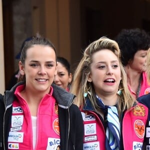 Pauline Ducruet et sa cousine Jazmin Grace Grimaldi - Départ du 28ème Rallye Aïcha des Gazelles depuis la Place du Palais de Monaco à Monaco le 17 mars 2018. Les véhicules électriques ainsi que les équipages monégasques ont quitté la Principauté pour rejoindre les autres véhicules à Nice sur la Promenade des Anglais. © Bruno Bebert/Bestimage