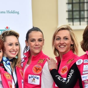 Kiera Chaplin, Jazmin Grace Grimaldi et Pauline Ducruet - Départ du 28ème Rallye Aïcha des Gazelles depuis la Place du Palais de Monaco à Monaco le 17 mars 2018. Les véhicules électriques ainsi que les équipages monégasques ont quitté la Principauté pour rejoindre les autres véhicules à Nice sur la Promenade des Anglais. © Bruno Bebert/Bestimage