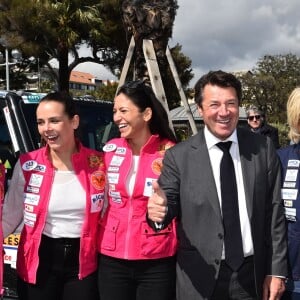 Jazmin Grace Grimaldi, Pauline Ducruet, Schanel Bakkouche, Christian Estrosi, le maire de Nice, Dominique Serra (l'organisatrice du Rallye Aicha des Gazelles) et la princesse Stéphanie de Monaco - Départ du 28ème Rallye Aicha des Gazelles depuis la Promenade des Anglais à Nice le 17 mars 2018. © Bruno Bebert/Bestimage