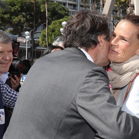 Christian Estrosi, le maire de Nice, la princesse Stéphanie de Monaco - Départ du 28ème Rallye Aicha des Gazelles depuis la Promenade des Anglais à Nice le 17 mars 2018.