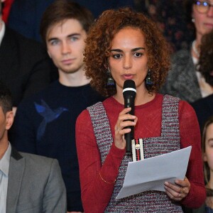 La romancière franco-marocaine Leïla Slimani à l'Académie française à Paris, France, la 20 mars 2018. Le chef de l'État a énuméré une trentaine de mesures destinées à renforcer "la place et le rôle" de la langue française et du plurilinguisme dans le monde. © Christian Liewig/Pool/Bestimage